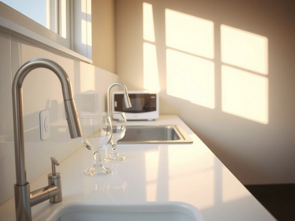 Čistá kuchyňská linka s detaily v úhledném pořádku.