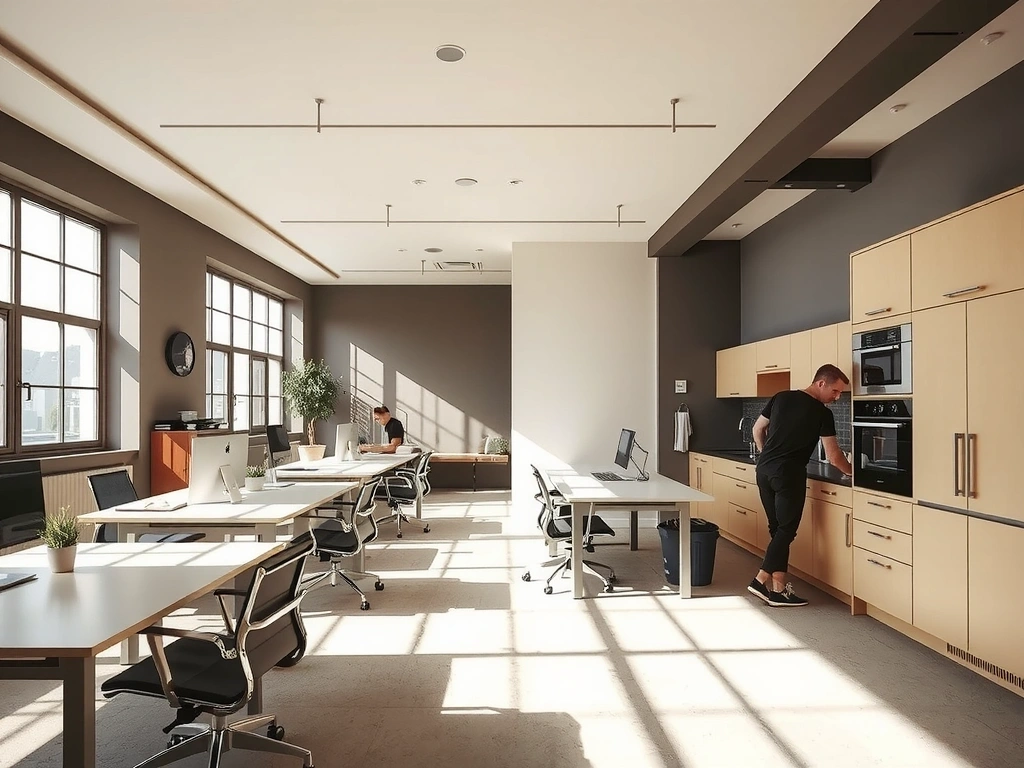 Čistá kancelářská kuchyňka a pracovní stoly.